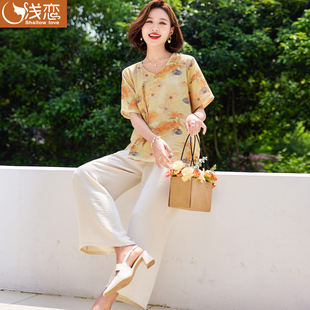 休闲棉麻套装 妈妈夏装 洋气印花上衣服中老年夏季 短袖 T恤中年女装