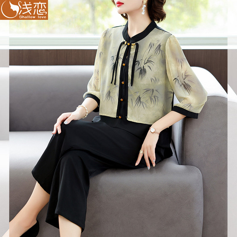 2025新款妈妈夏装中式T恤中年女装母亲节上衣中老年洋气雪纺套装