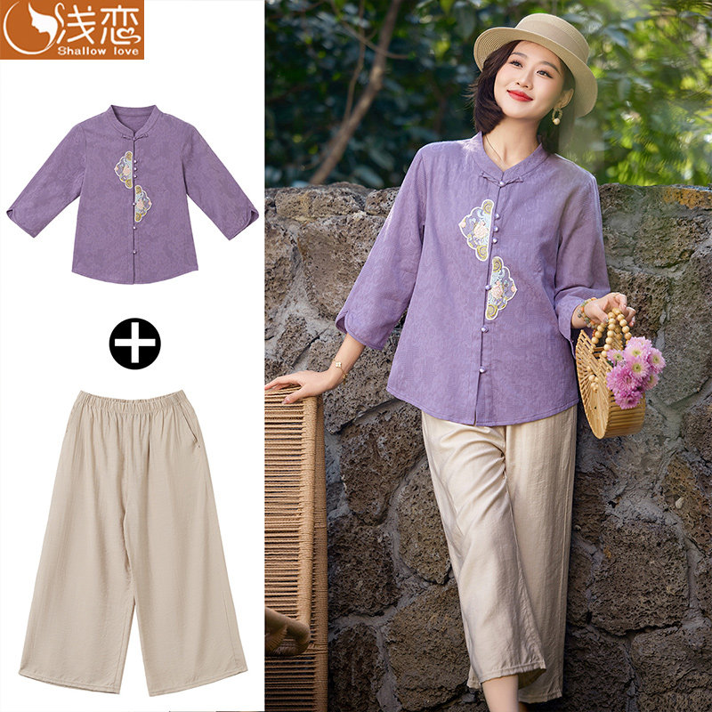 妈妈夏季母亲节上衣服中年女装夏装衬衫中老年洋气新中式棉麻套装