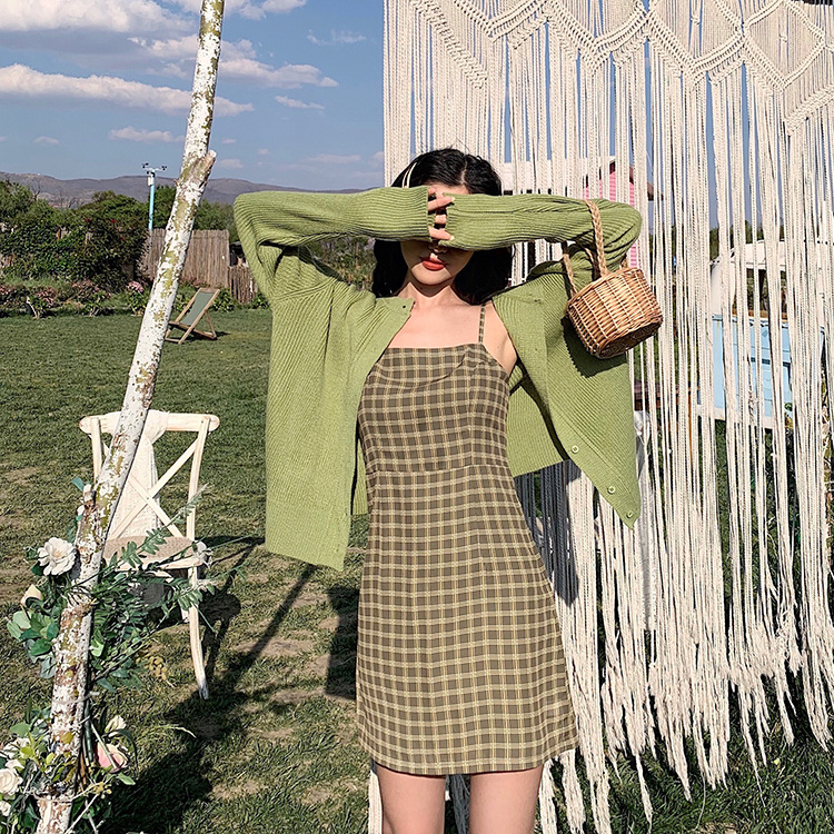 Avocado Green Dress 2020 new Matcha mustard olive bean green plaid small fresh suspender skirt summer