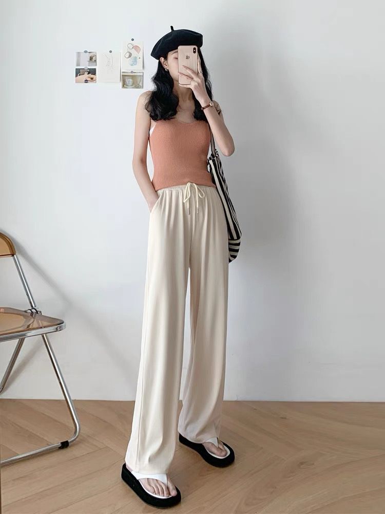 Ice silk wide leg pants women's summer thin spring and autumn high waist loose 2021 new Xianxian pants straight tube floor pants