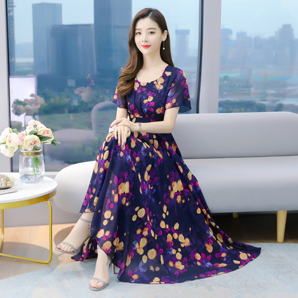 French retro floral ice silk dress women's 2021 new summer long skirt with waist down to ankle