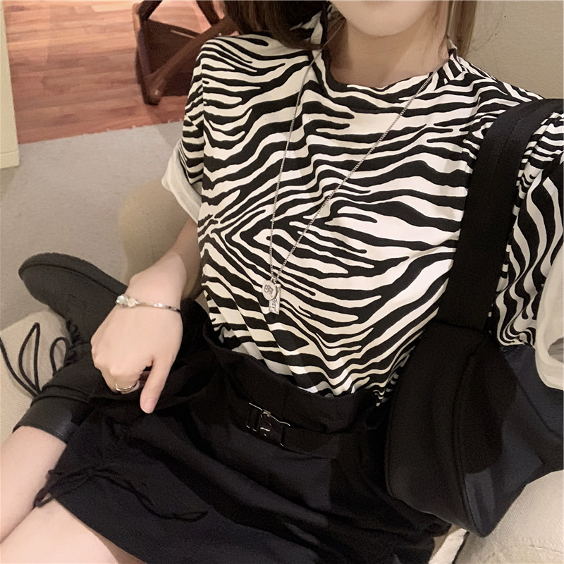 Official super hot short sleeve T-shirt women's summer Korean fashion zebra pattern loose and fashionable top