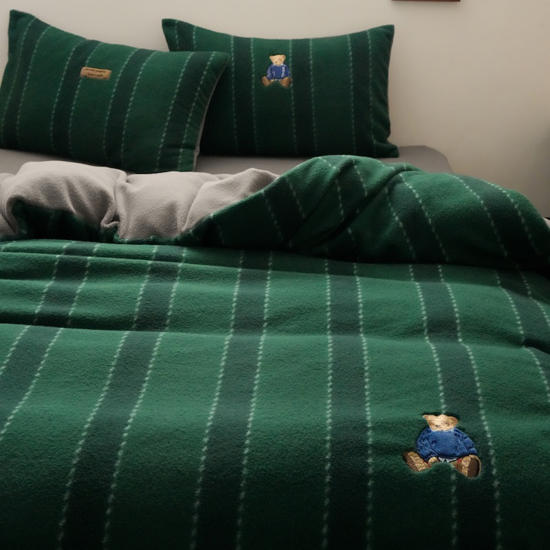 复古条纹小熊秋冬加厚保暖仿羊绒牛奶绒四件套法莱珊瑚绒床上用品