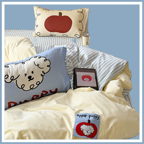 ins卡通小狗卡通全棉水洗棉四件套纯棉被套儿童床上用品三件套