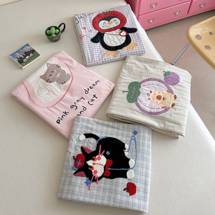 ins格子卡通企鹅刺绣纯棉水洗棉全棉200X230被套宿舍床上用品