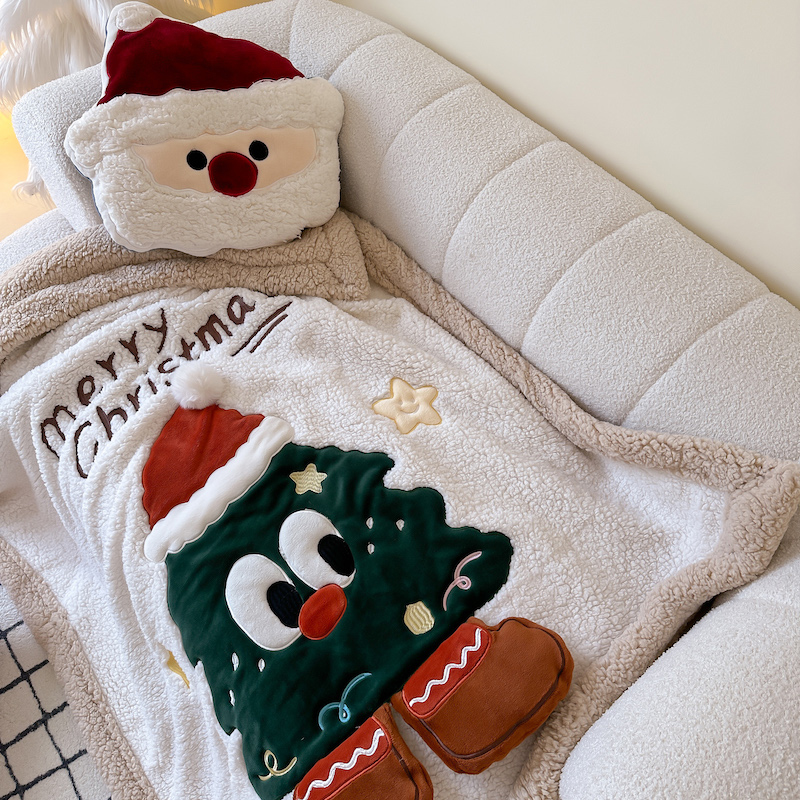 卡通圣诞树羊羔绒毛毯沙发盖毯双层加厚珊瑚绒办公室午休小毯子
