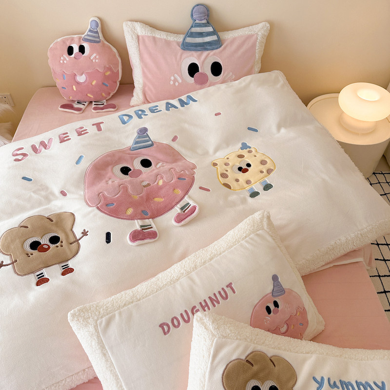 少女心甜甜圈卡通秋冬加厚保暖牛奶绒四件套法兰珊瑚绒床上用品,床上用品,床品套件/四件套/多件套,淘宝优惠券,粉丝福利购,淘宝优惠卷