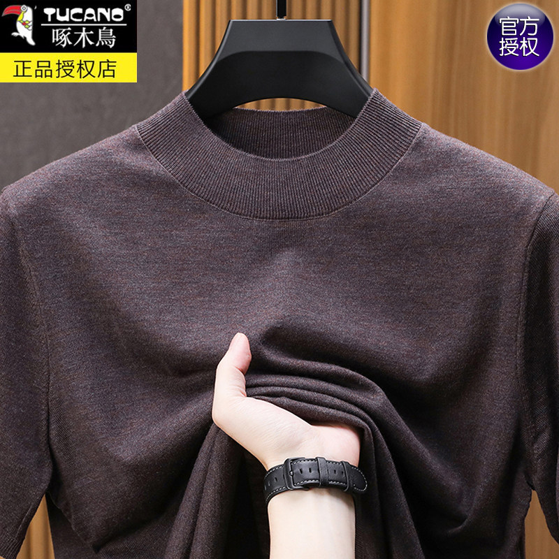 啄木鸟半高领羊毛短袖男纯色毛衣