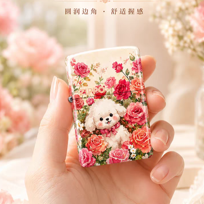 ZIPPO正品玫瑰小狗彩印煤油防风打火机可爱收藏高颜值送男友礼物