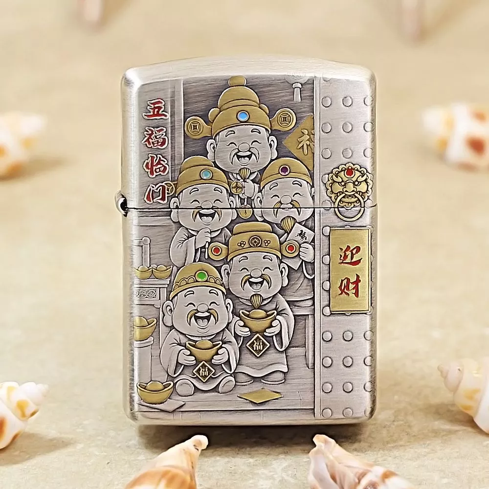 正品Zippo打火机薰银盔甲 财神爷 五路财神双面浮雕男士节日礼物