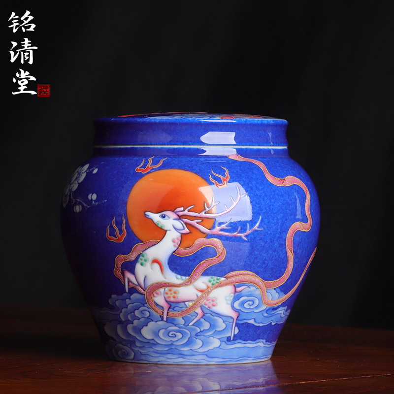 铭清堂于君窑洒蓝鹿王本生图茶罐