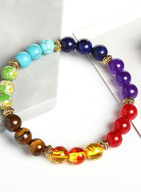 晶德珠宝 能量火山石七色脉年轮手链 欧美单圈手串摆摊现货