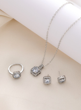 欧美项链套装时尚气质方形镶钻锆石耳环戒指三件套四边形镶钻