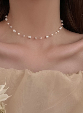 简约鱼线巴洛克珍珠项链女夏甜美百搭设计感锁骨链choker颈链配饰