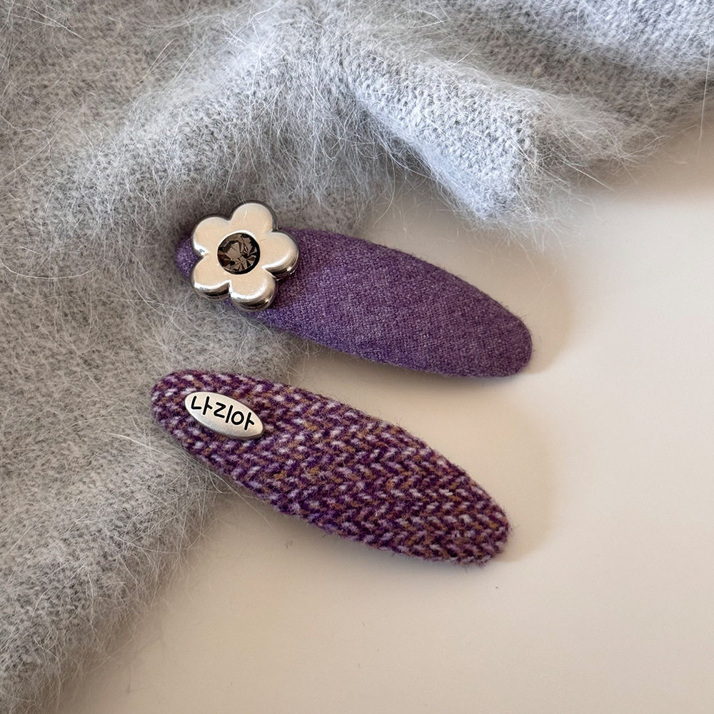 韩版新款温柔风紫色针织闪钻花朵毛线掰掰简约百搭碎发夹侧边夹女