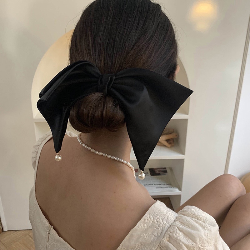 法式珍珠小吊坠质感大发夹女蝴蝶结后脑勺头饰发饰白色边夹顶夹