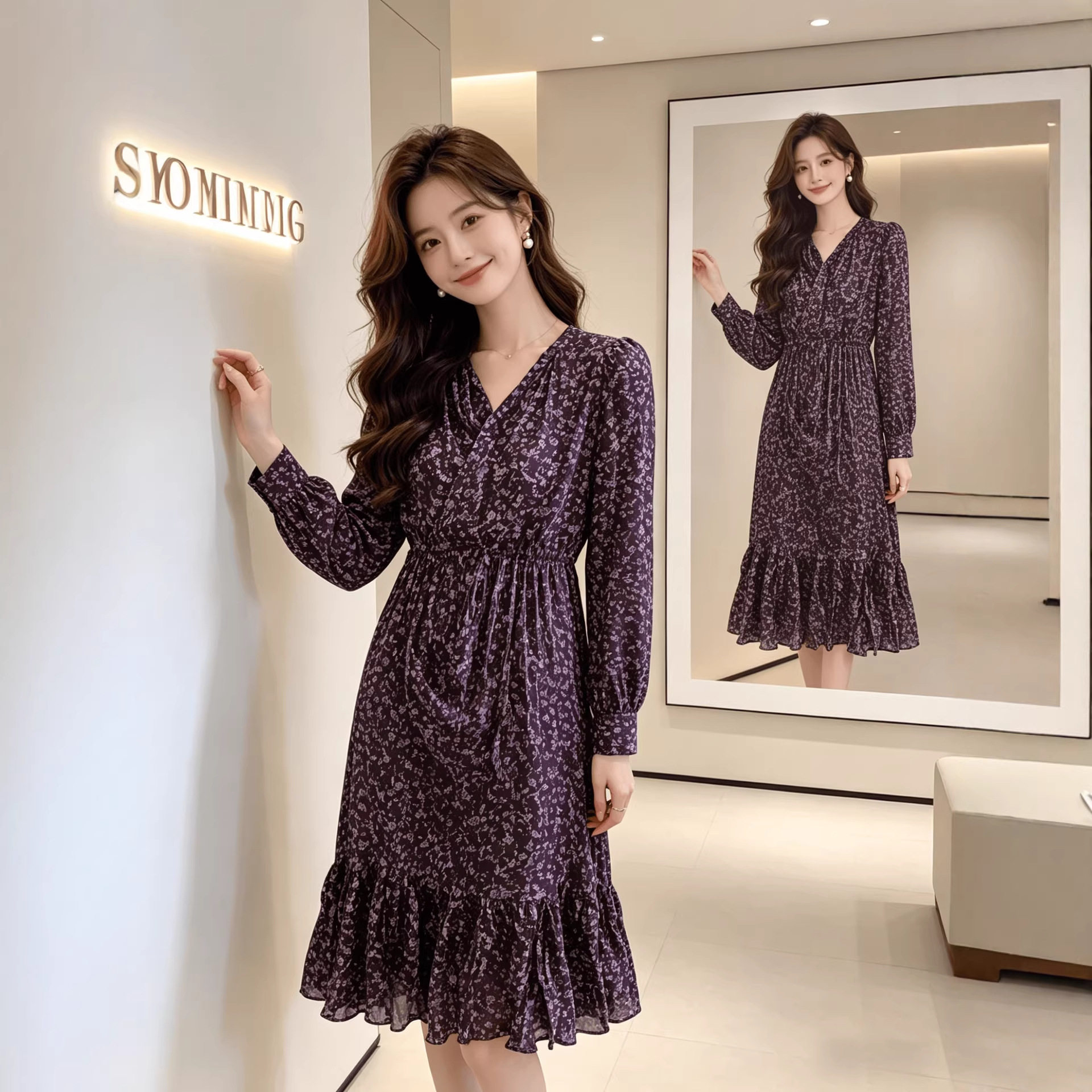 御姐轻熟风绝美碎花连衣裙女2026春秋新款别致高个子荷叶边长裙女