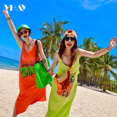 YHAY2025春夏度假风潮牌印花长款 休闲性感吊带背心沙滩裙连衣裙