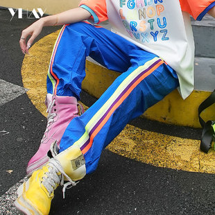 YHAY2024年春夏新款 宝蓝彩色撞色织带抽绳潮牌宽松束脚休闲裤