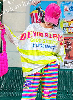 YHAY荧光绿白色条纹休闲T恤春款彩色字母潮牌宽松运动蝙蝠袖卫衣