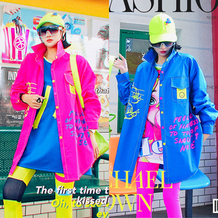 卡通撞色图案潮牌大码 新款 宽松外套 秋季 YHAY宝蓝彩色字母休闲衬衫