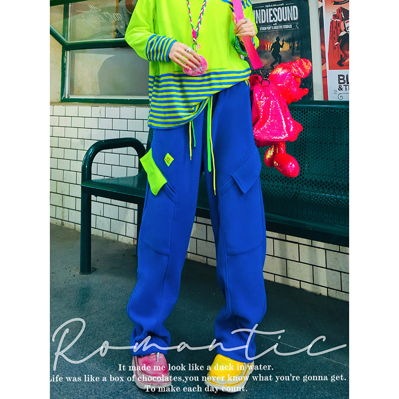 YHAY宝蓝彩色字母贴布加绒工装休闲裤秋冬新款宽松运动直筒卫裤女