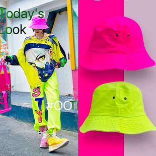 荧光绿玫红运动休闲防晒大檐帽渔夫帽 YHAY彩色太阳帽2024年秋新款