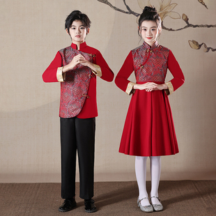 元旦儿童合唱演出服小学生中国风红色爱国演讲比赛朗诵表演服装