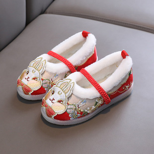女童加绒汉服鞋棉鞋冬红色儿童绣花鞋老北京布鞋古装鞋舞蹈鞋