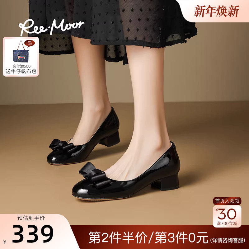 REEMOOR睿慕2025秋季新款圆头蝴蝶结浅口坡跟瓢鞋女士中跟