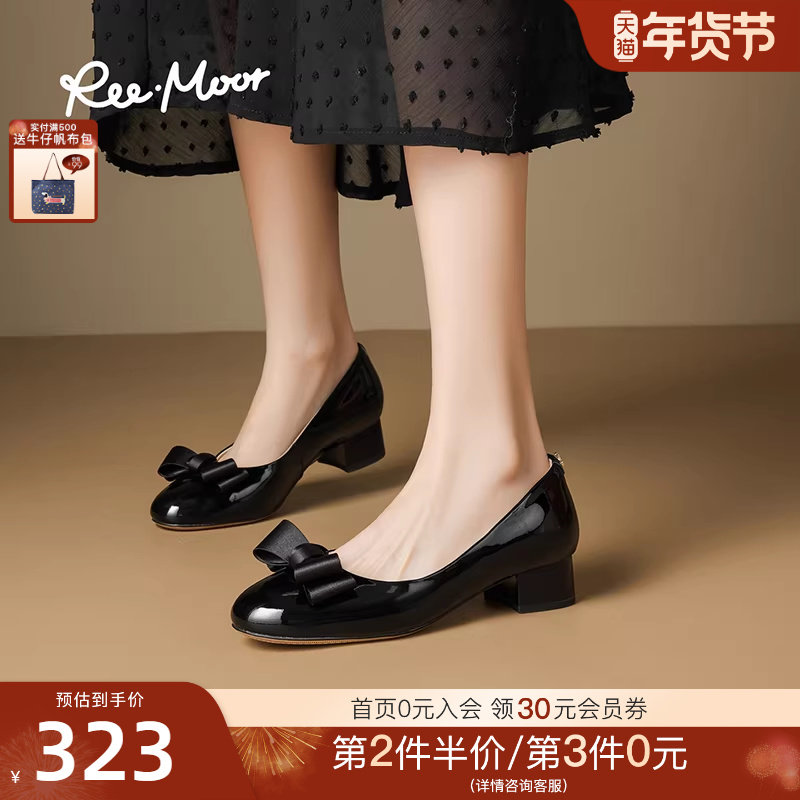REEMOOR睿慕2025秋季新款圆头蝴蝶结浅口坡跟瓢鞋女士中跟