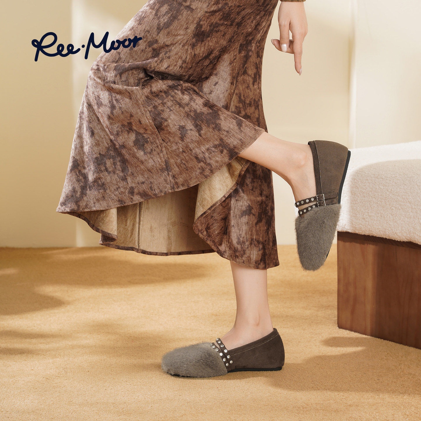 REEMOOR睿慕2025冬季新款复古英伦风圆头内增高毛绒玛丽珍鞋女
