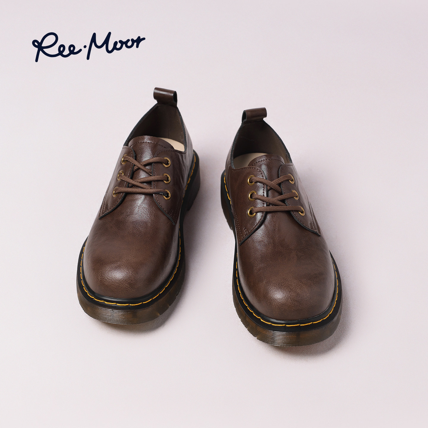 REEMOOR睿慕2025冬新款英伦复古厚底德比鞋女系带圆头皮鞋乐福鞋