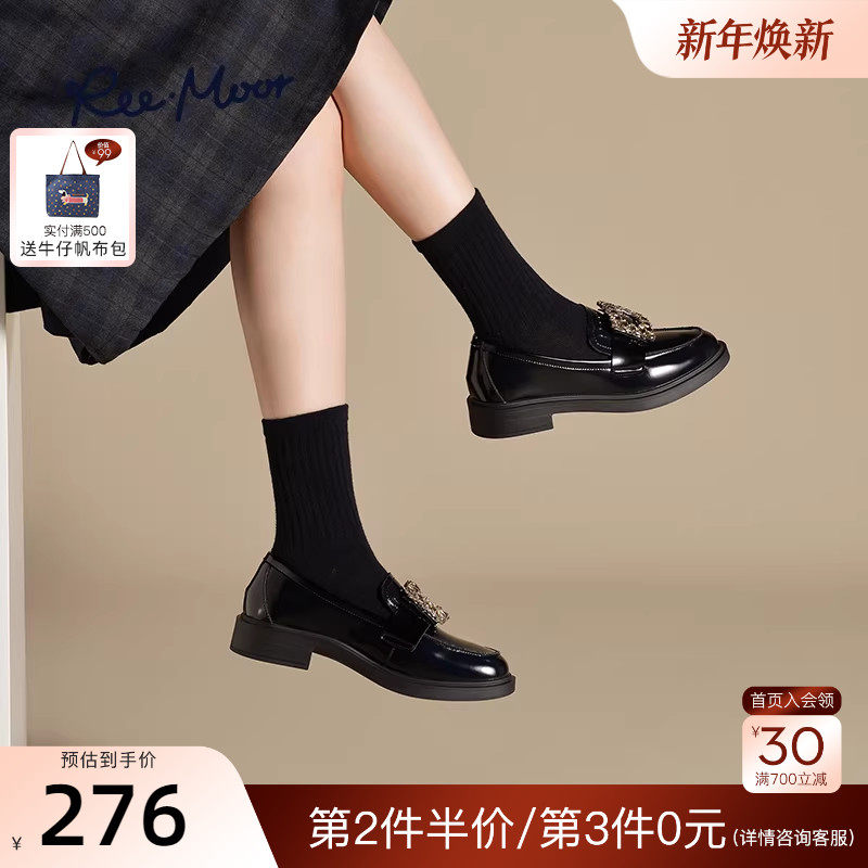 REEMOOR睿慕2025冬新款水钻方扣乐福鞋粗跟厚底增高一脚蹬
