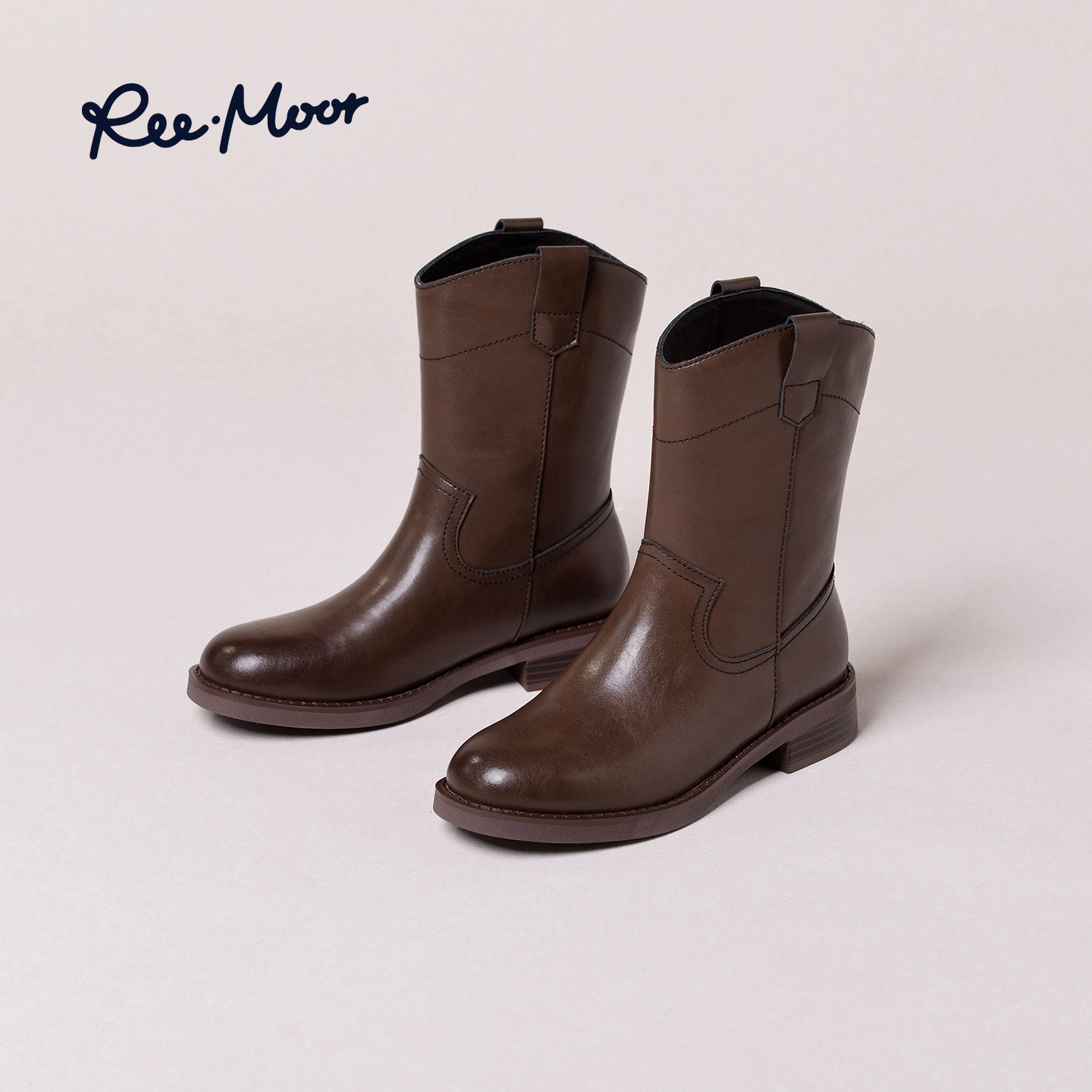 REEMOOR睿慕2025秋季新款时尚复古圆头粗跟厚底增高短靴女