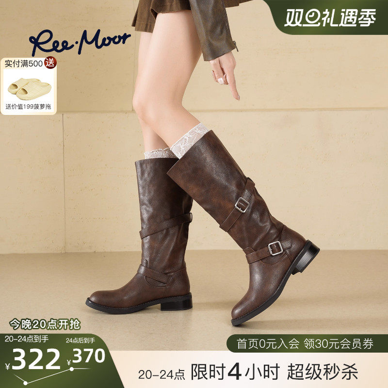 REEMOOR睿慕2025冬季新款复古英伦风圆头粗跟厚底增高针扣