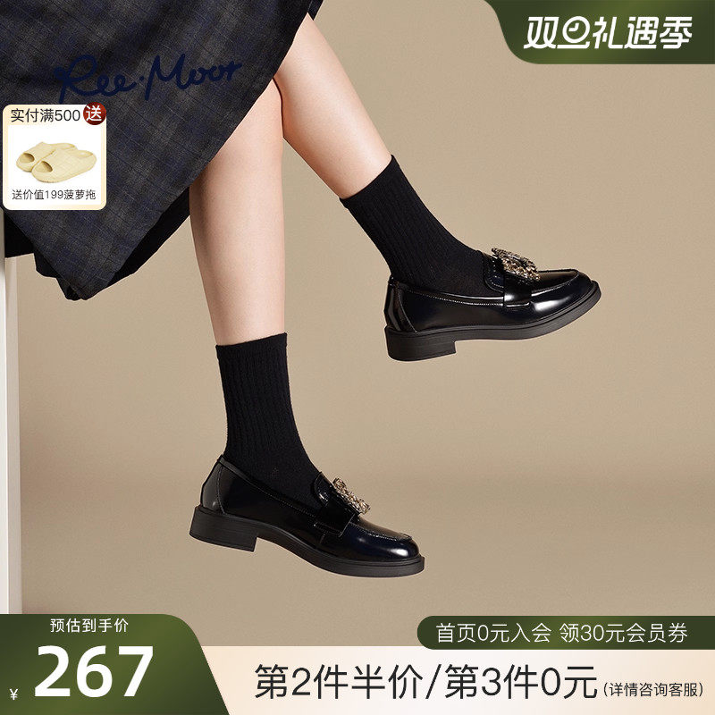 REEMOOR睿慕2025冬新款水钻方扣乐福鞋粗跟厚底增高一脚蹬