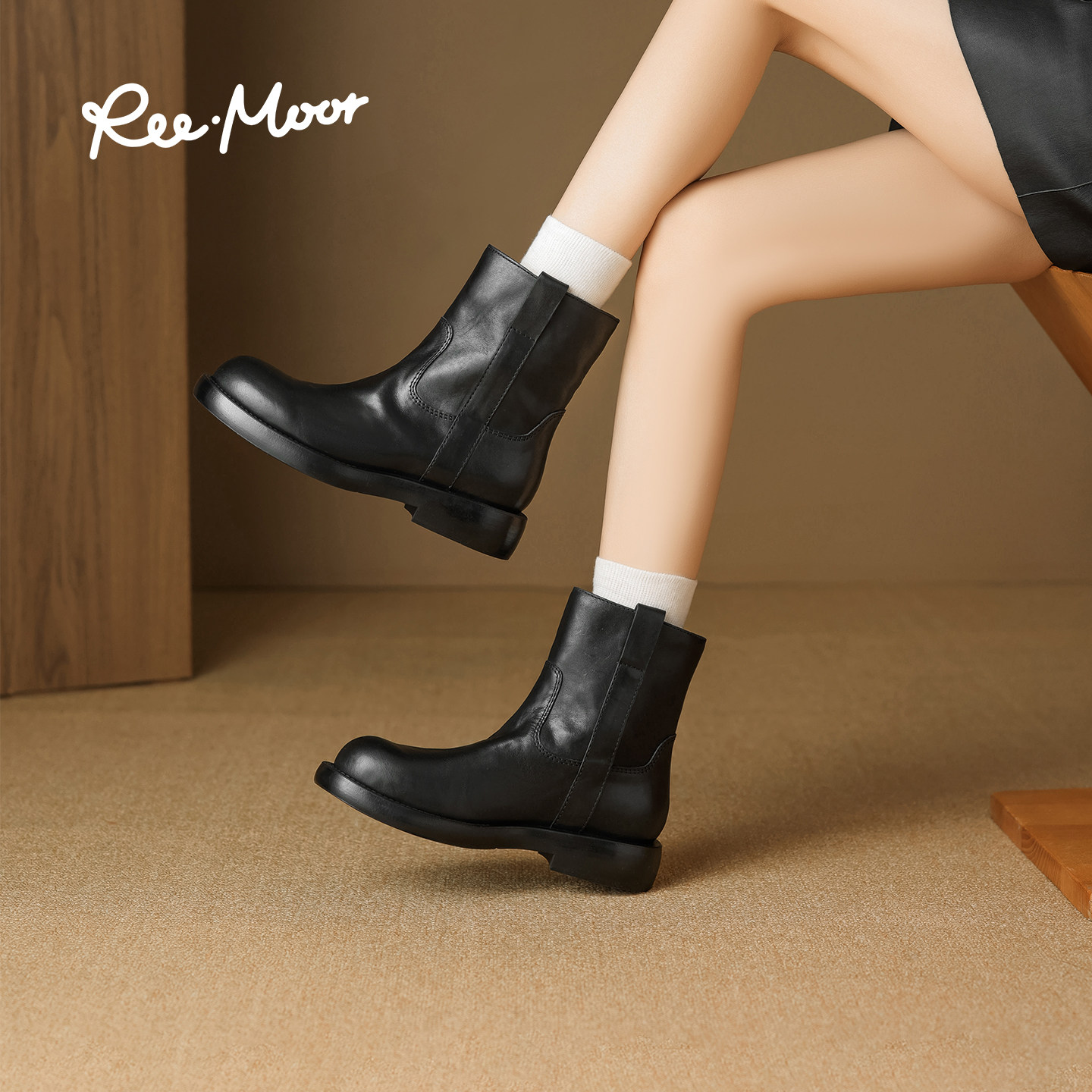 REEMOOR睿慕2025冬季新款复古英伦风圆头粗跟厚底增高切尔
