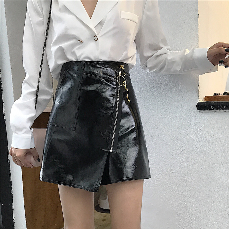早秋新款不规则拉链pu皮半身裙女大码胖mm高腰显瘦a字遮跨短裙子