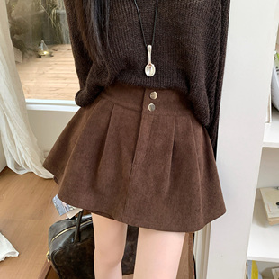 大码 咖色灯芯绒蓬蓬半身裙女秋冬高腰显瘦a字百褶裙遮胯短裙裤