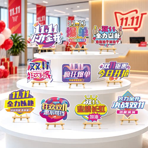 双十一主题卡纸木架摆件直播间活动装饰场景布置超市促销活动道具
