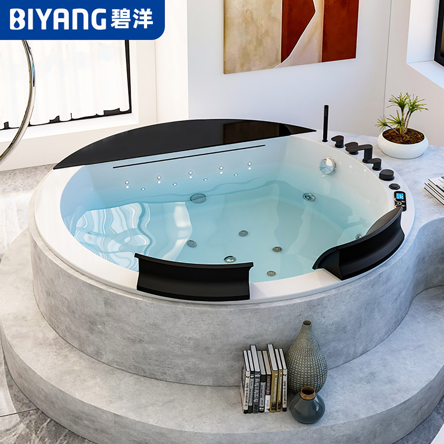 碧洋圆形浴缸嵌入式家用亚克力双人情侣冲浪按摩浴盆1.3-2米瀑布