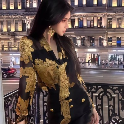 纯欲性感V领印花飘带长袖衬衫女早秋新款修身显瘦小众设计感上衣