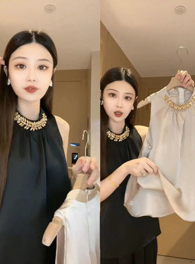 外穿爆款简约甜辣遮肚子潮流重工醋酸锻高端显瘦洋气无袖精品小衫