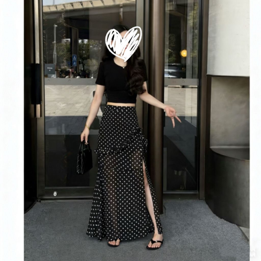 复古波点半身裙女夏黑色高腰开叉