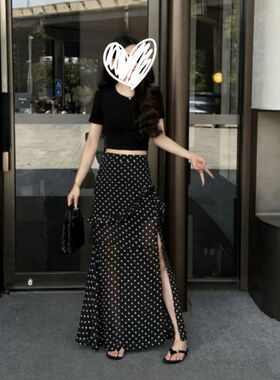 复古波点半身裙女夏黑色高腰开叉半裙长裙显瘦百搭不规则包臀裙子