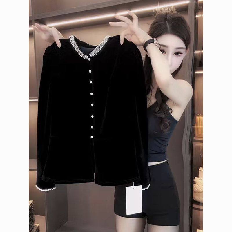 黑色法式设计感钉珠丝绒衬衫女2025秋冬新款立领修身显瘦内搭上衣,女装/女士精品,短外套,淘宝优惠券,粉丝福利购,淘宝优惠卷
