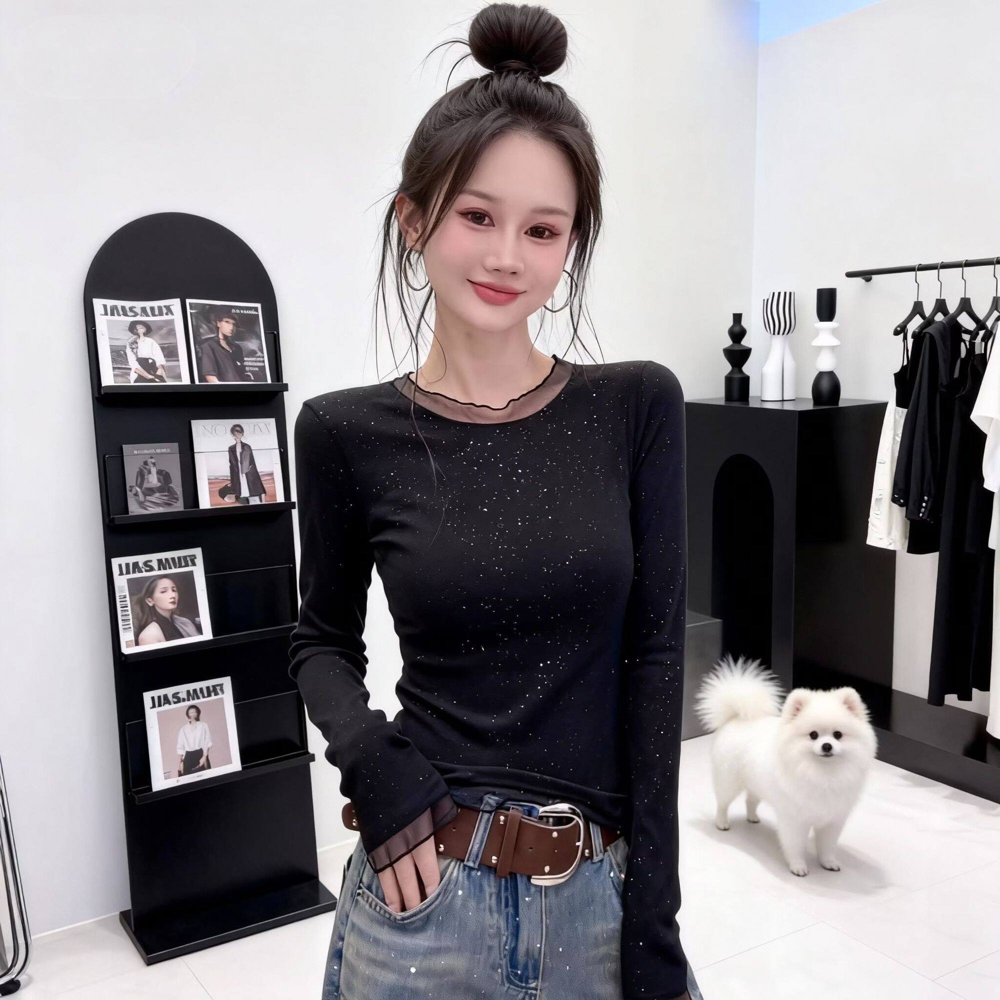 法式高级感黑色细闪打底衫女内搭秋冬新款网纱拼接长袖t恤上衣潮