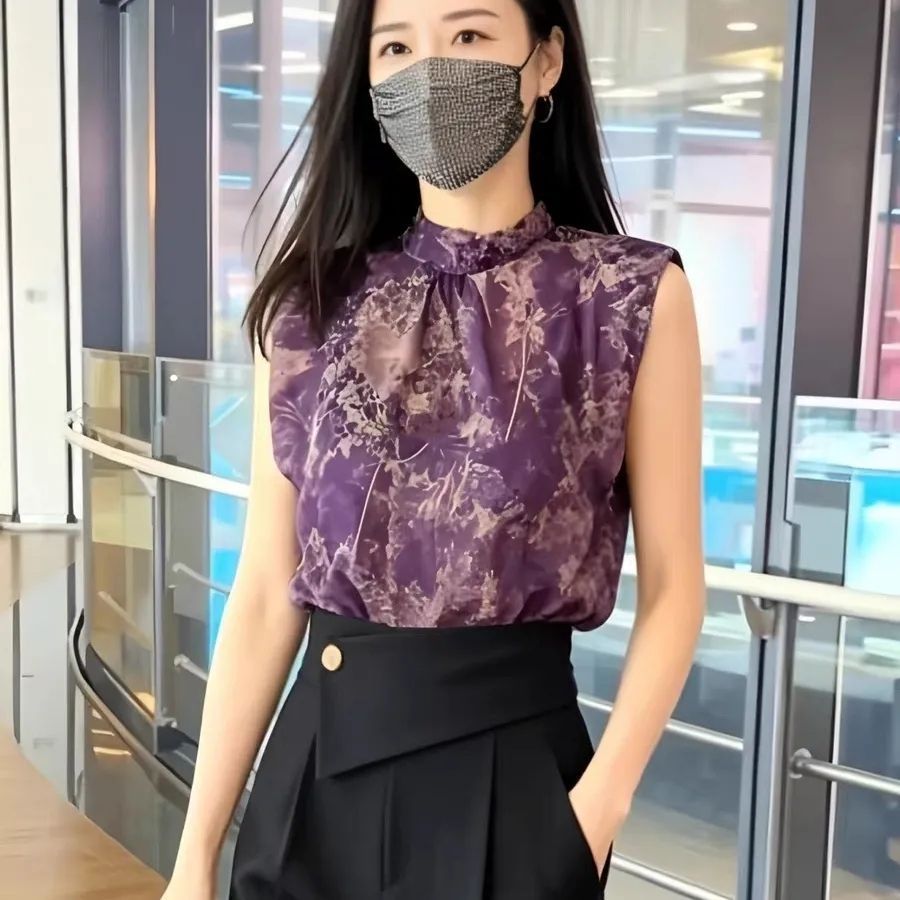 法式无袖植物花卉宽松衬衫女